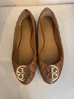 Tory Burch Benton Cognac Quilted Leather Logo Ballet Flats